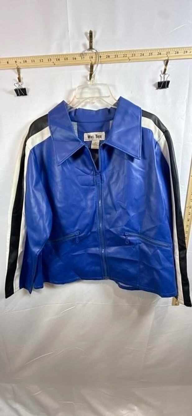 Who's There Faux Leather Racing Jacket Size 18 Blue Black White Moto Biker Crop